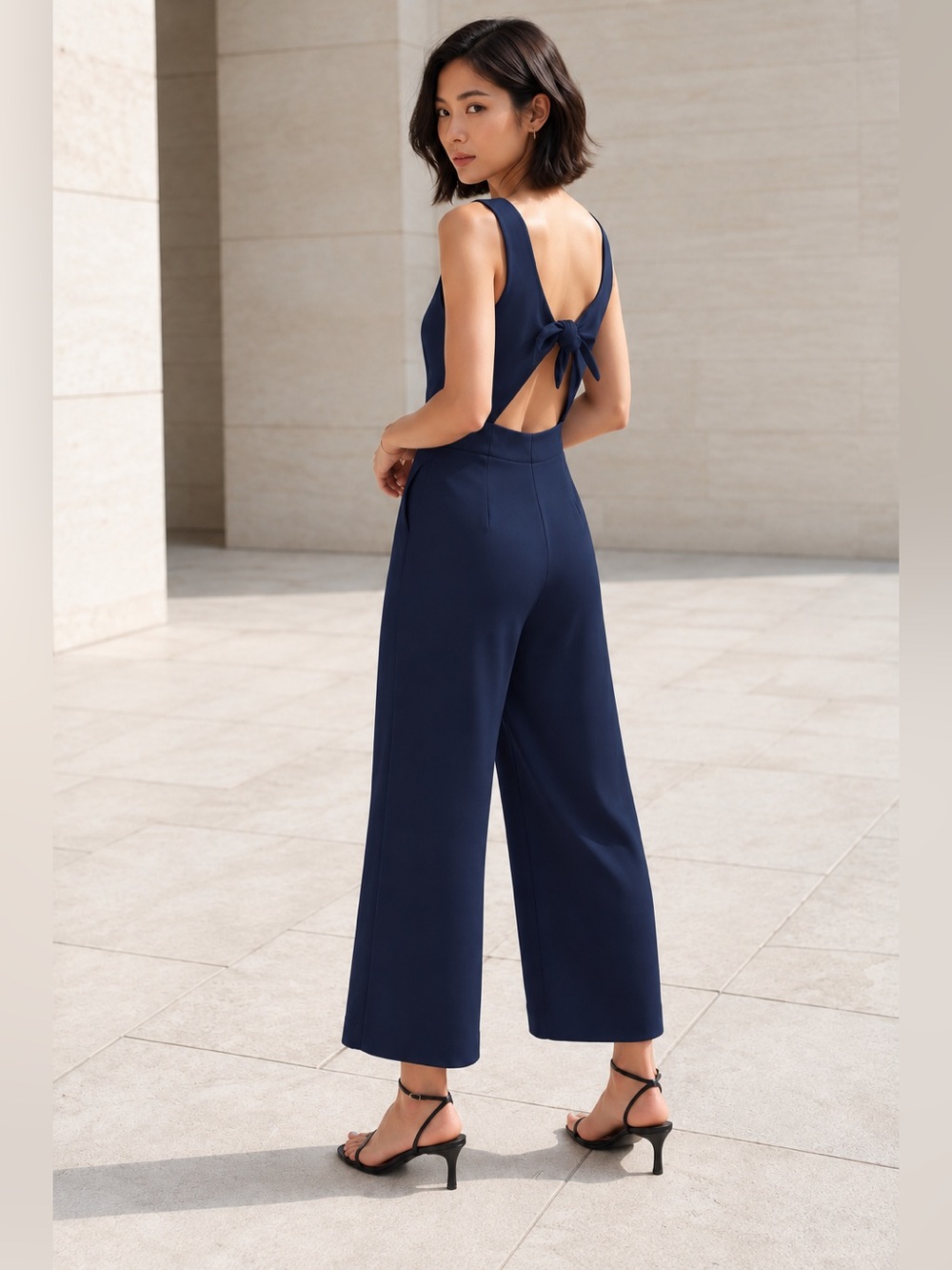 Wilfred ecoulement jumpsuit size 8 navy blue wide leg open tie back one piece
